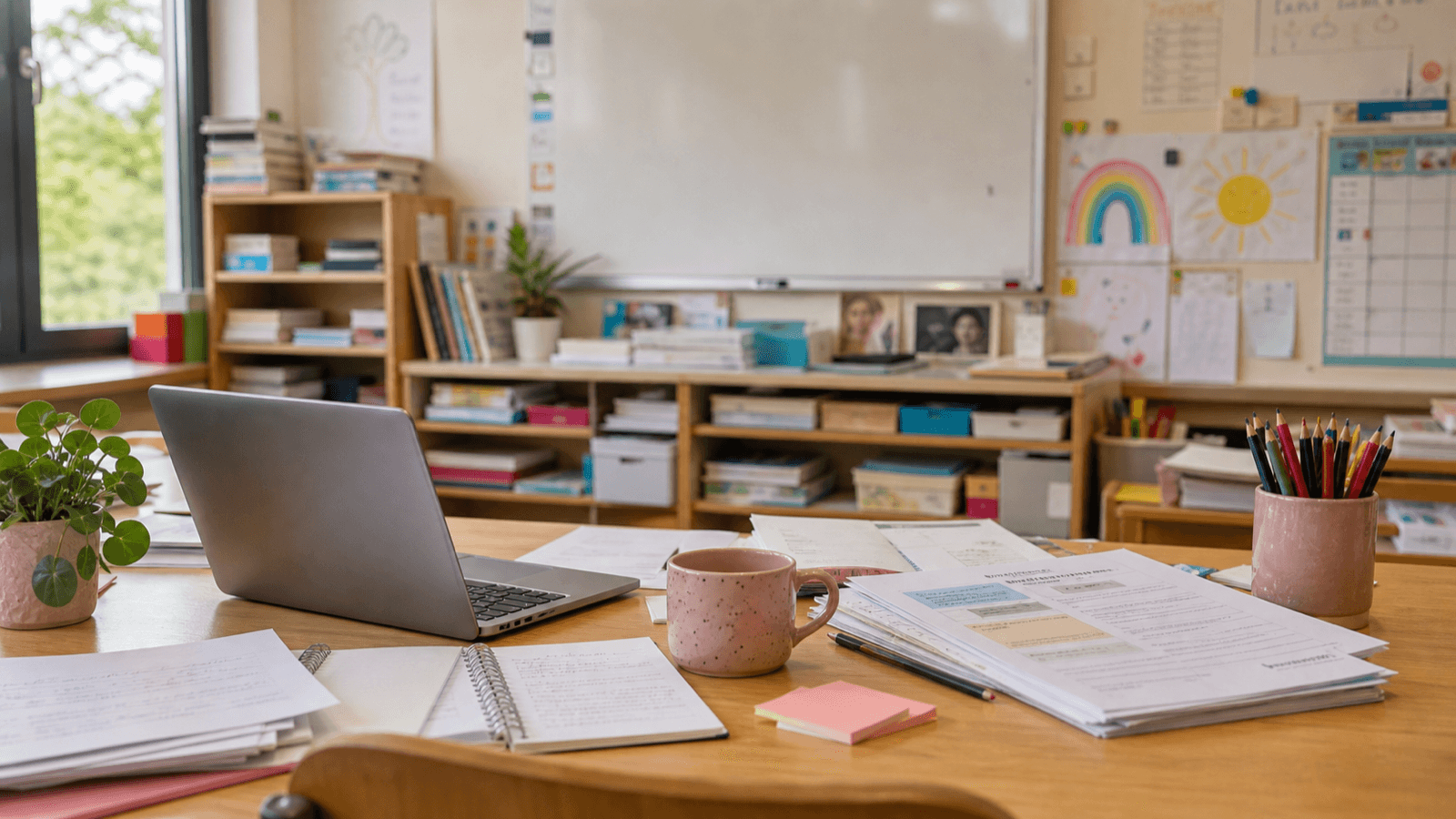 Bureau met laptop, lesmateriaal en notities